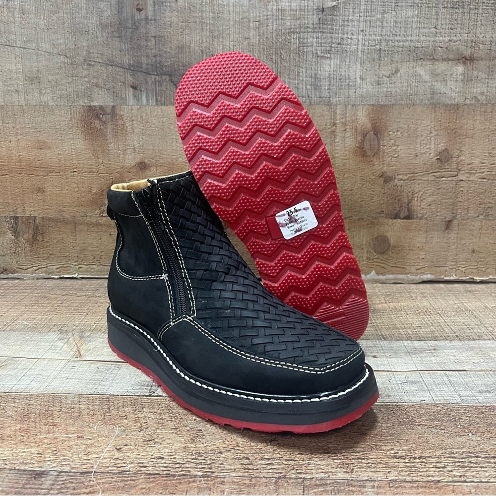 Men's Half boot RED SOLE Zipper Handwoven Genuine Leather. Petatillo suela roja